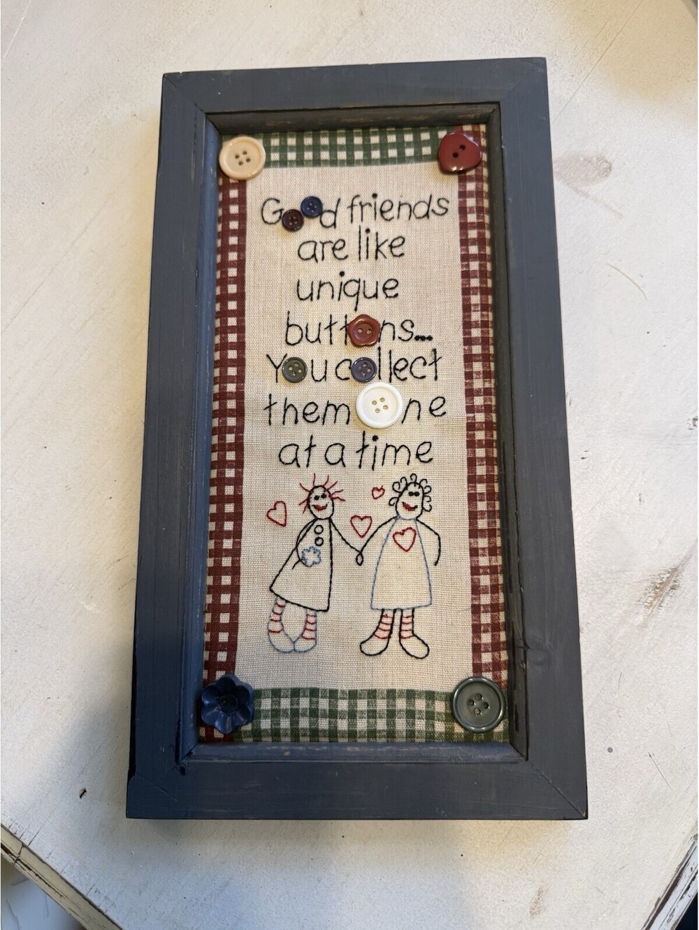 Framed Needlework “Good Friends Are Like Buttons” Primitive, folk art, country,